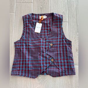 RUJUTA SHETH 100% Handwoven Cotton Carmen Vest Beacon Chex Red Blue Large NWT